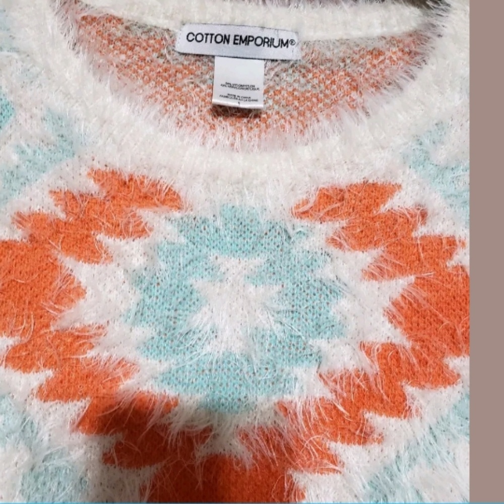 Fuzzy Aztec Pattern Sweater Small Orange Teal Cre… - image 4